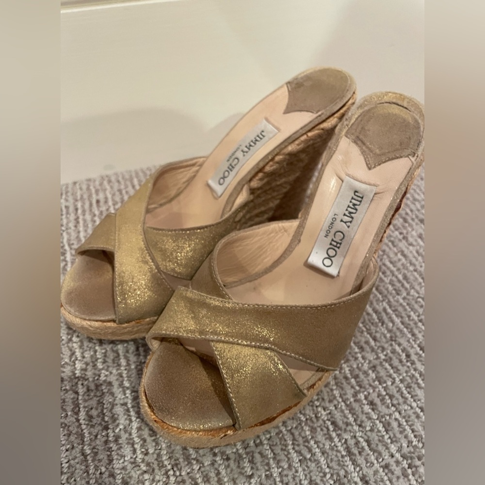 Jimmy Choo gold wedge sandals size 37